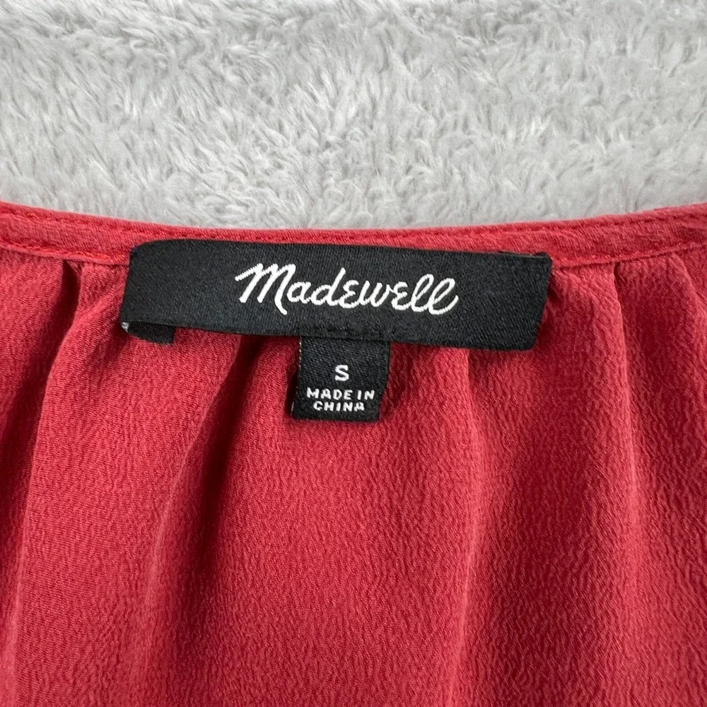 Madewell 100% Silk V-Neck Blouse S Red Women Cinched Puff Sleeve Tie Top